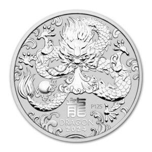 An image of the 2024 Australia Lunar Year of the Dragon Silver Coin. The coin features a majestic dragon breathing water, stylized waves, a flaming pearl of wisdom, the Chinese character for 'dragon,' and inscriptions of 'DRAGON 2024' and a 'P125' mintmark, symbolizing The Perth Mint’s 125th Anniversary. Crafted from half an ounce of 99.99% pure silver, this coin showcases intricate details with a Brilliant Uncirculated finish