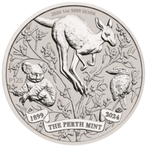a Perth mint silver coin with a kangaroo, koala, and kookaburra