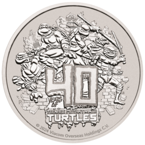 a silver coin with Ninja turtle cartoon characters