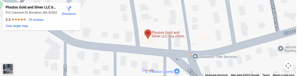 Map showing Ploutos Gold & Silver LLC at 912 Crescent St, Brockton, MA 02302 – coin & bullion dealer location and directions.
