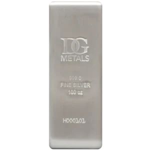 100 Oz Silver Bar Dillon Gage front view from Ploutos Gold & Silver
