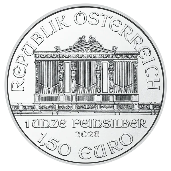 2026 1 Oz Austrian Silver Philharmonic front view from Ploutos Gold & Silver