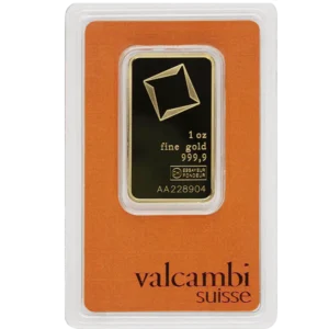 1 Oz Gold Bar Valcambi front view from Ploutos Gold & Silver