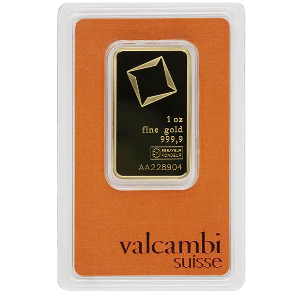 1 Oz Gold Bar Valcambi front view from Ploutos Gold & Silver