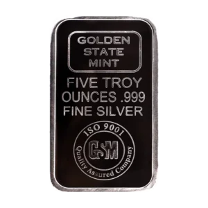 5 Oz Silver Bar Golden State Mint front view from Ploutos Gold & Silver