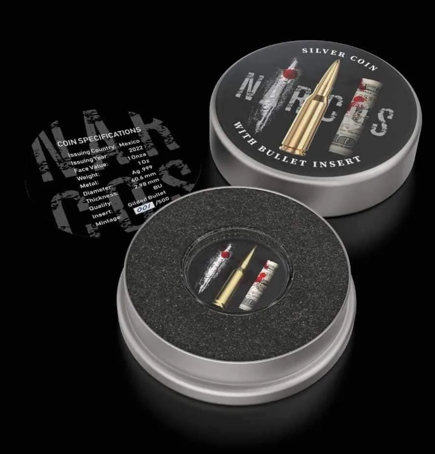 2022 Mexico Narcos Libertad with Bullet Insert 1oz Silver Coin-No minimum detail view from Ploutos Gold & Silver