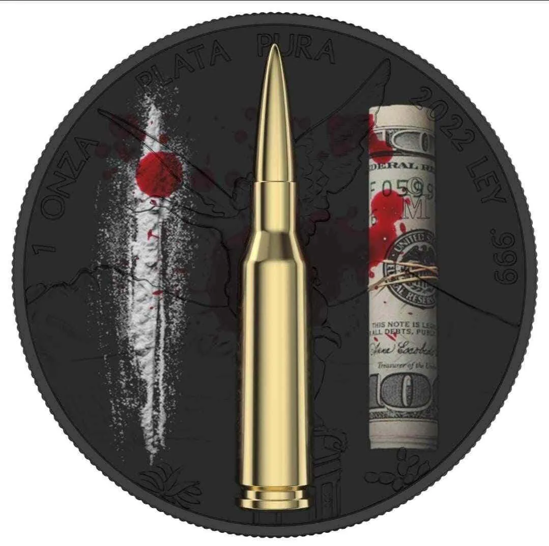 2022 Mexico Narcos Libertad with Bullet Insert 1oz Silver Coin-No minimum reverse view from Ploutos Gold & Silver