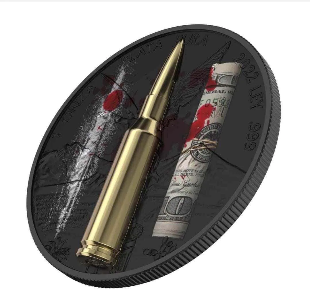2022 Mexico Narcos Libertad with Bullet Insert 1oz Silver Coin-No minimum front view from Ploutos Gold & Silver