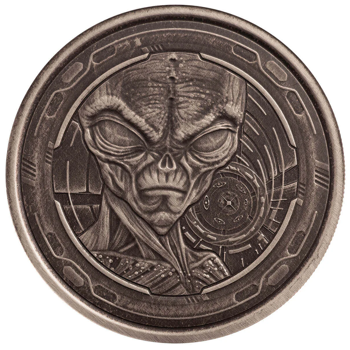 2022 Ghana Alien 1 oz Silver Antique Coin front view from Ploutos Gold & Silver