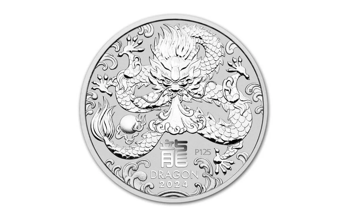 2024 1/2-oz Silver Lunar Series III Year of the Dragon BU Perth Mint front view from Ploutos Gold & Silver