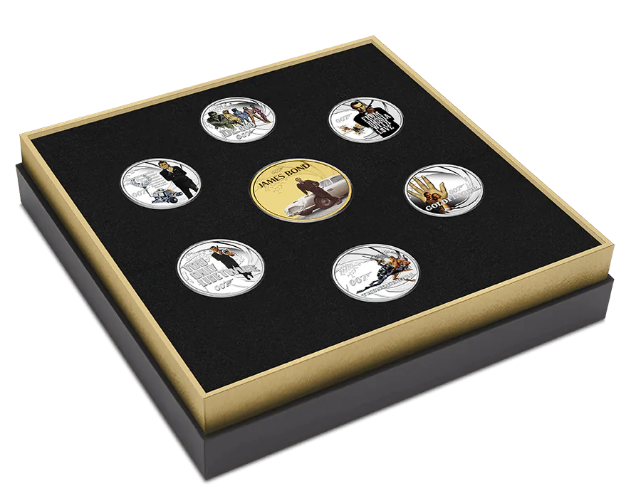2024 Tuvalu James Bond Sean Connery 4 oz Silver Proof Seven Coin Collection front view from Ploutos Gold & Silver