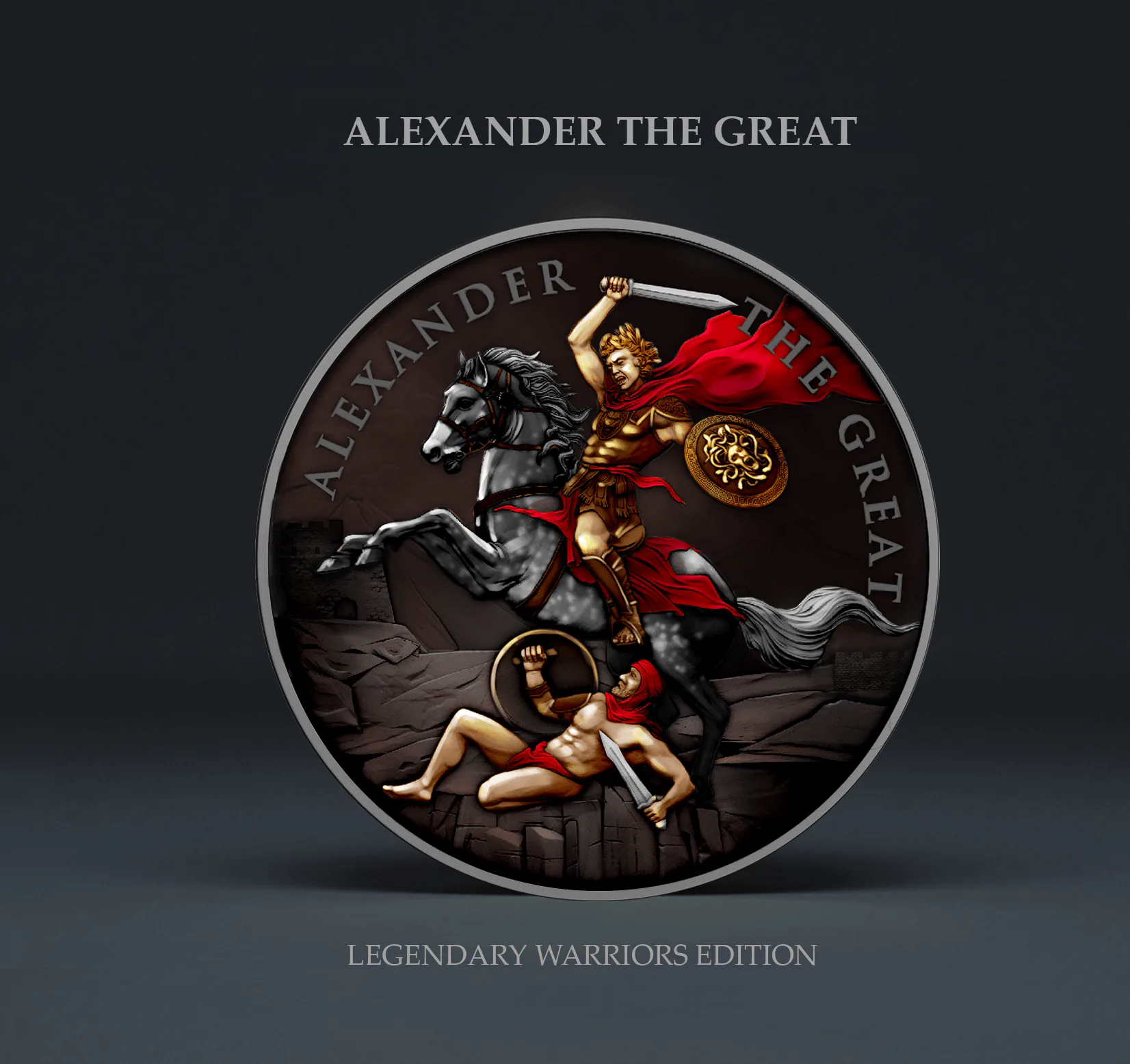 a silver round with a picture of a man riding a horse