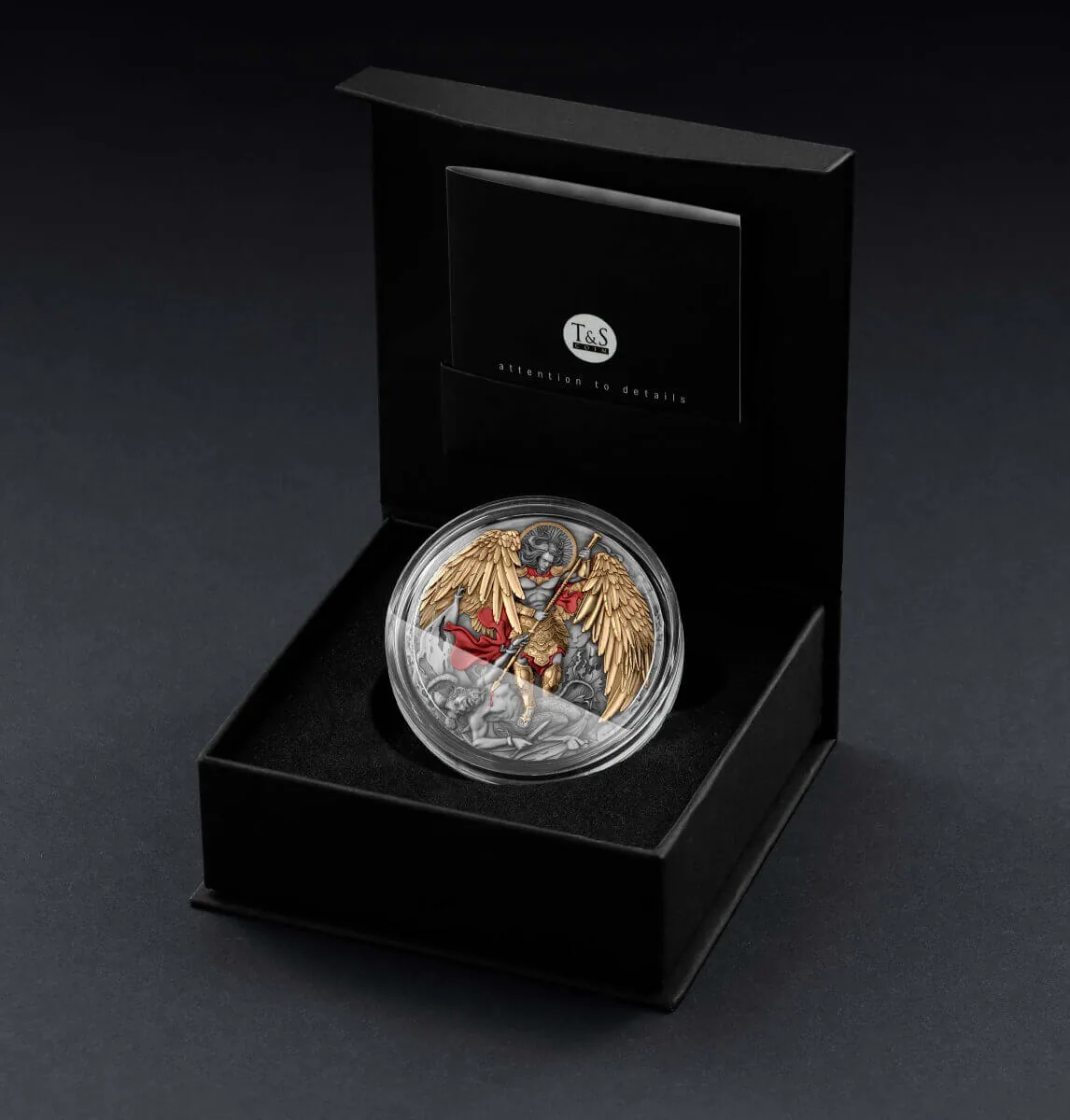 2024 Niue Archangel Michael 2 oz Silver Antiqued Gilded Colorized Coin detail view from Ploutos Gold & Silver