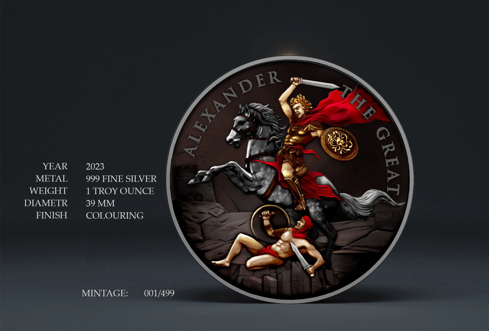 2023 Alexander the Great Legendary Warriors Colorized 1oz Ag .999 Coin (Mintage: 499) reverse