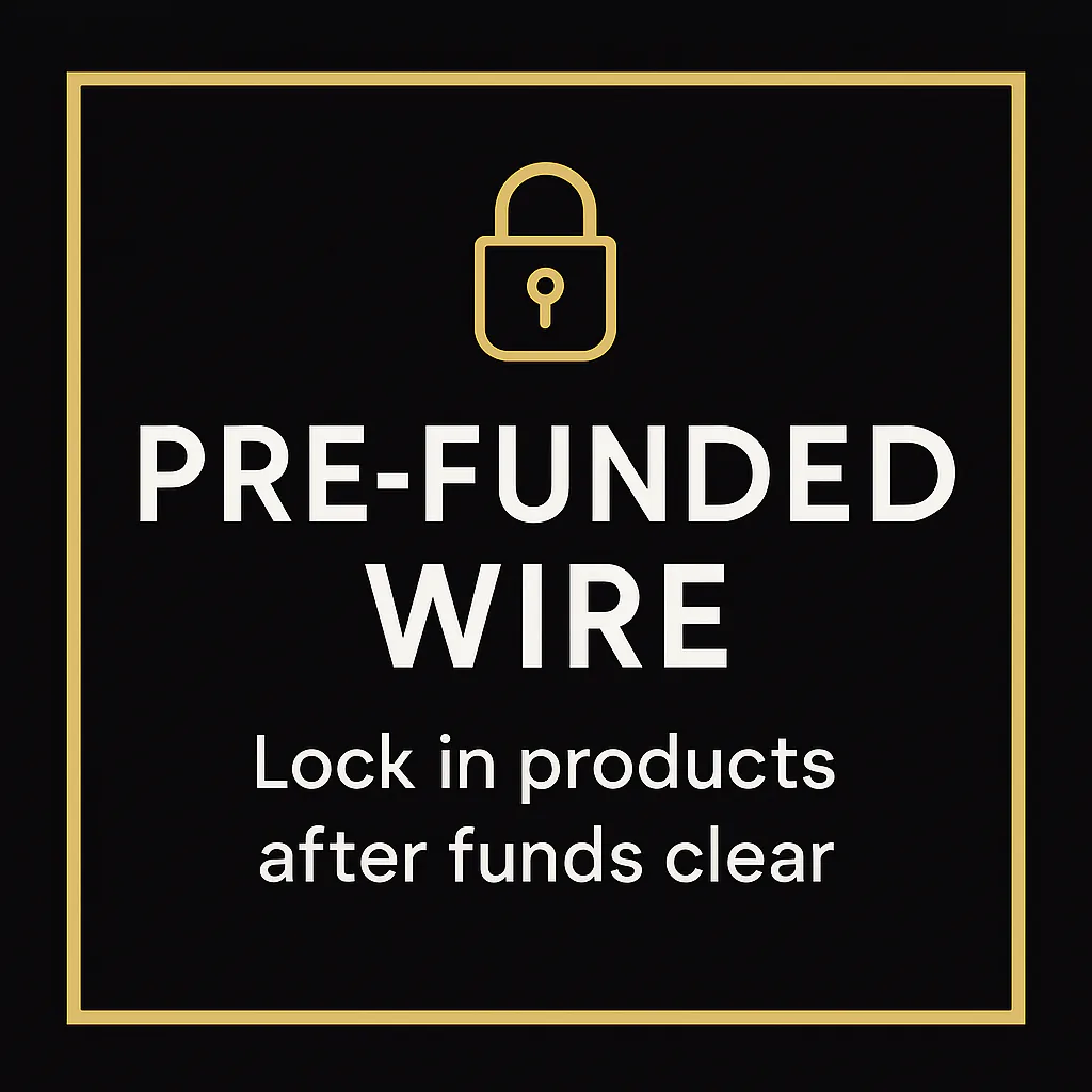Pre-Funded Bank Wire front view from Ploutos Gold & Silver
