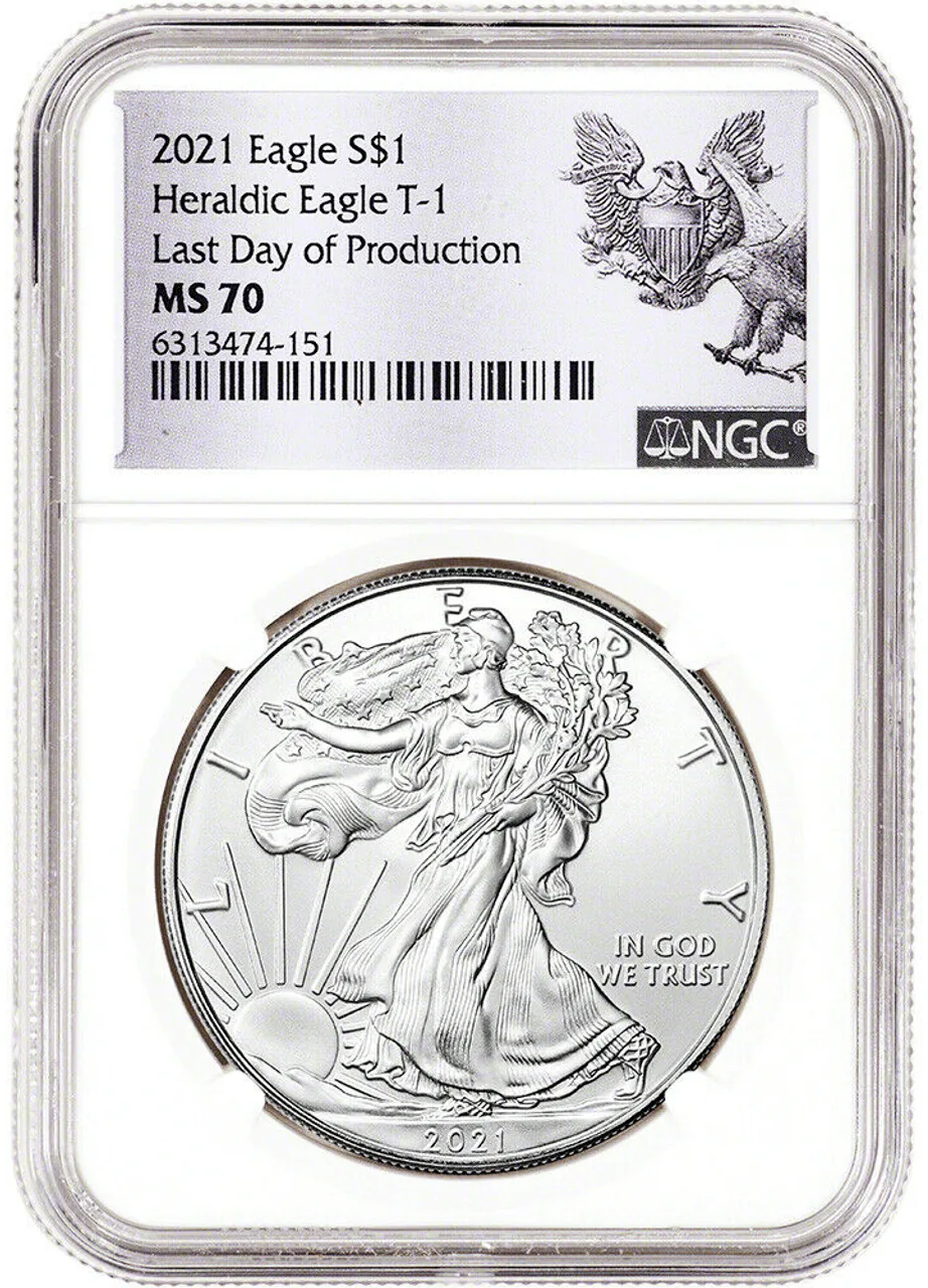 2021 $1 1-oz Silver Eagle T1 Last Day of Production NGC MS70 front view from Ploutos Gold & Silver