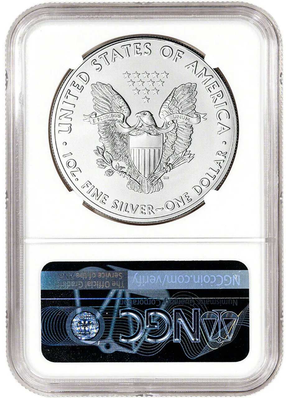 2021 $1 1-oz Silver Eagle T1 Last Day of Production NGC MS70 reverse view from Ploutos Gold & Silver