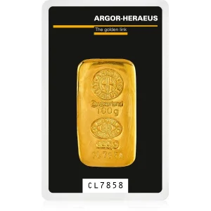 100 GRAM GOLD CAST BAR ARGOR-HERAEUS — obverse