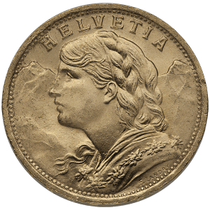 20 FRANC SWISS GOLD COIN — obverse