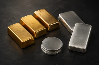 Gold and silver bullion bars beside stacked silver rounds on a dark slate surface.