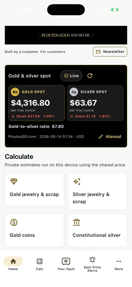 Actual Ploutos GS app home screen with spot prices and bullion calculators